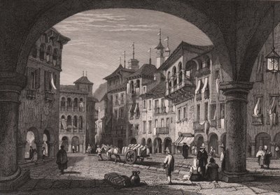 Ansicht des Marktplatzes in Domodossola, Piemont, Italien, Stahlstich nach einer Zeichnung von Samuel Prout von Samuel Prout