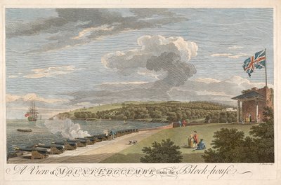 Eine Ansicht von Mount Edgcumbe vom Blockhaus aus, veröffentlicht 1755 von Samuel Scott