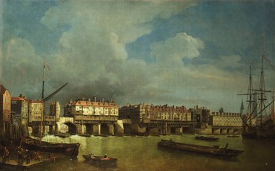 Ansicht der alten London Bridge mit Lastkähnen auf der Themse von Samuel Scott