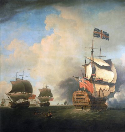 Kriegsschiffe der britischen Royal Navy, die ihre Segel im Wind manövrieren. Öl auf Leinwand, circa 1736, von Samuel Scott (1702-1772) von Samuel Scott