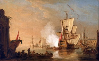 Britisches Kriegsschiff feuert zur Begrüßung bei der Ankunft im Hafen, dessen Gebäude einen Hafen im Mittelmeerraum darstellen. Um 1765, von Samuel Scott (1702-1772). von Samuel Scott