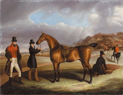 Lord George Bentinck mit seinem Lieblingsjäger und Stallknechten in einer Landschaft mit einer Jagd im Hintergrund von Samuel Spode