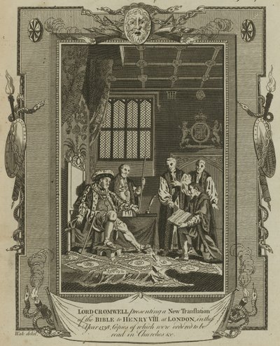 Lord Cromwell überreicht König Heinrich VIII. in London im Jahr 1538 eine neue Bibelübersetzung von Samuel Wale