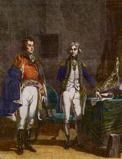 Ein Treffen zwischen Generalmajor Sir Arthur Wellesley (Duke of Wellington) und Vizeadmiral Horatio Nelson, September 1805 (Stich von Samuel William Reynolds nach John Prescott Knight) von Samuel William I Reynolds