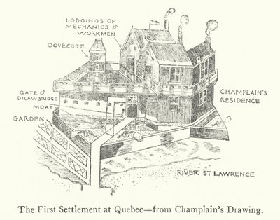 Die erste französische Siedlung in Quebec, frühes 17. Jahrhundert (Lithografie) von Samuel de Champlain