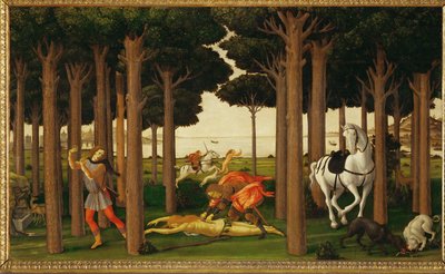 Die Geschichte von Nastagio degli Onesti, zweites von drei Tafeln: Der Reiter tötet das Mädchen und wirft ihr Herz den Hunden zu von Sandro (1444/5-1510) Botticelli