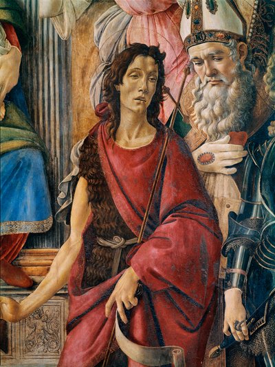 Pala di San Barnaba (Altarbild des Heiligen Barnabas): Unsere Liebe Frau mit einem Kind und den Heiligen Katharina von Alexandria, Augustinus, Barnabas und Johannes der Täufer, Ignatius von Antiochien und Erzengel Michael (Detail) von Sandro Botticelli