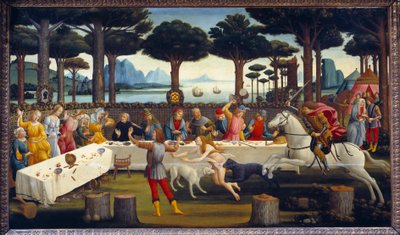Geschichte von Nastagio degli Onesti: Bankett im Pinienwald, drittes Panel in einer Serie von vier von Sandro Botticelli