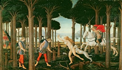 Nastagios Vision der geisterhaften Verfolgung im Wald: Szene I der Geschichte von Nastagio degli Onesti, ca. 1483 von Sandro (and workshop) Botticelli