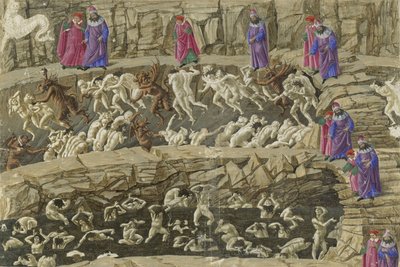 Canto XVIII, Teil des 8. Kreises der Hölle, Illustration aus Dantes "Inferno", ca. 1485 von Sandro Botticelli