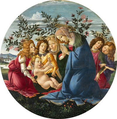 Madonna, das Kind anbetend, mit fünf Engeln von Sandro Botticelli