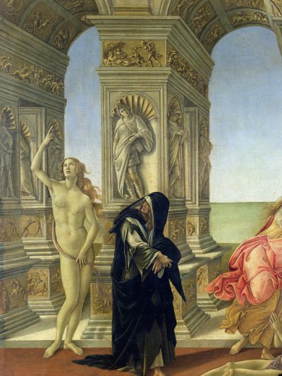 Die Verleumdung des Apelles; Detail zeigt die nackte Figur der Wahrheit, die zum Himmel zeigt, und die Reue in einem zerlumpten Dominikanerhabit, 1497-98 (Detail) von Sandro Botticelli