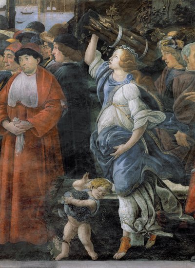 Die Reinigung des Aussätzigen und die Versuchung Christi, in der Sixtinischen Kapelle: Detail einer Frau, die Feuerholz trägt, und eines Jungen, der Trauben trägt, 1481 von Sandro Botticelli