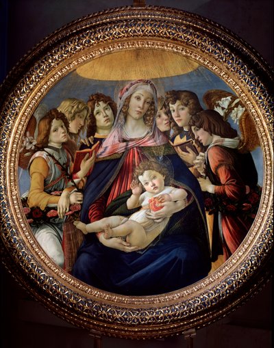 Jungfrau und Kind und sechs Engel, genannt Madonna della Melagrana oder Melograno von Sandro Botticelli