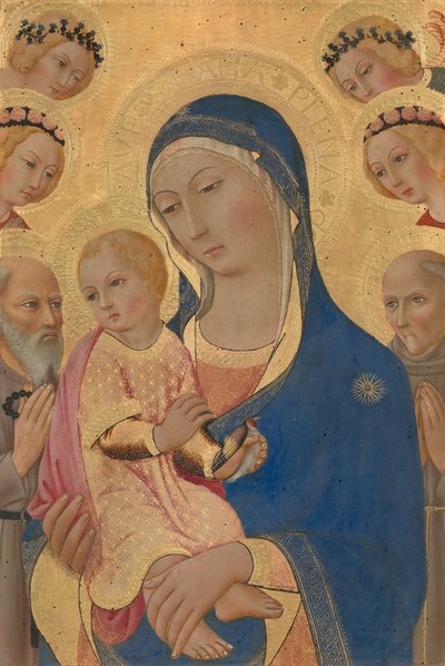 Madonna mit Kind, Heiliger Hieronymus, Heiliger Bernardino und Engel, ca. 1460-1470 von Sano di Pietro