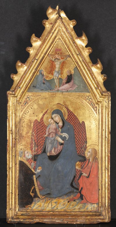 Jungfrau und Kind, verehrt von den Heiligen Maria Magdalena und Nikolaus von Bari, Christus gekreuzigt von Sano di Pietro