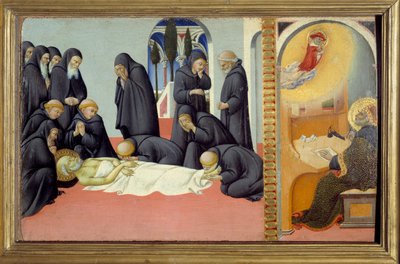 Szene aus dem Leben des heiligen Hieronymus: „Tod des heiligen Hieronymus und seine Erscheinung vor dem heiligen Augustinus“ von Sano di also Ansano di Pietro di Mencio Pietro