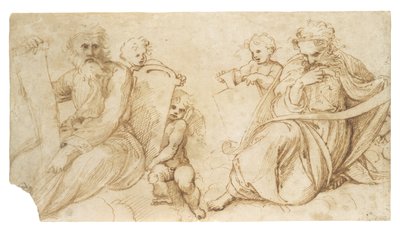 Zwei Propheten mit Schriftrollen, sitzend mit Putti, die Tafeln halten von Sanzio of Urbino Raphael