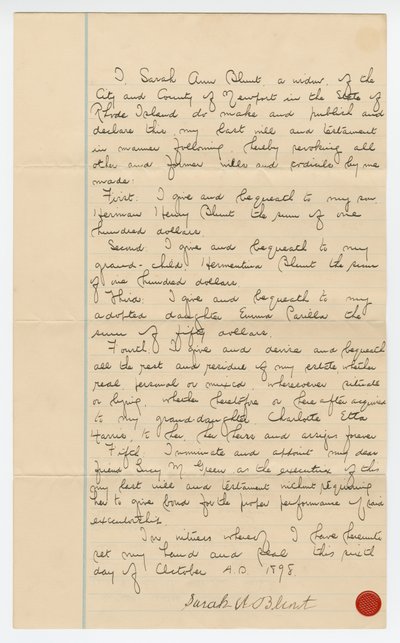 Letzter Wille und Testament von Sarah Ann Blunt Crozley, Oktober 1898 von Sarah Ann Blunt Crozley