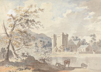 Schloss unter Bergen mit Pferden an einem Fluss von Sawrey Gilpin