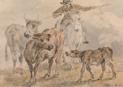 Mann auf einem Pferd, der zwei Kühe und ein Kalb hütet von Sawrey Gilpin