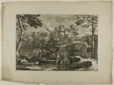 Ansicht einer Stadt (Christus mit dem barmherzigen Samariter am Brunnen) von Sébastien Bourdon