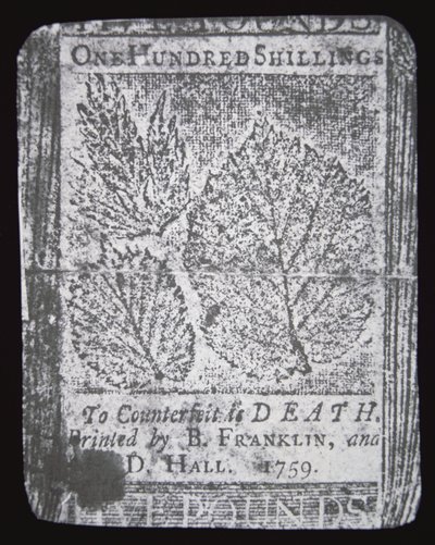 Eine 100-Schilling-Note, entworfen und gedruckt von Benjamin Franklin im Jahr 1759 von School American