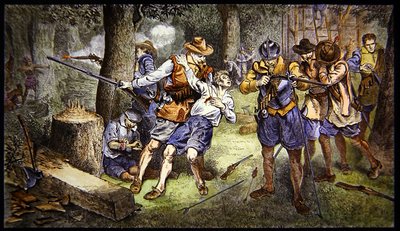 Verteidigung der Siedlung gegen einen Indianerangriff in der Kolonie Jamestown, Virginia im Jahr 1607 von School American