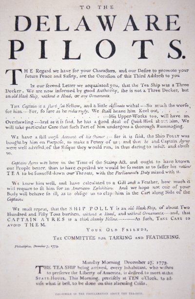 Faksimile der Proklamation der Patrioten von Philadelphia an die Delaware-Piloten, sie sollten nicht mit dem britischen Teeschiff handeln, 7. Dezember 1773 von School American