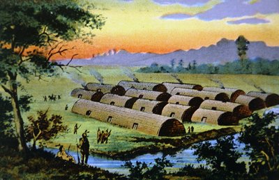 Manhattan Island, New York City, vor der niederländischen Besiedlung, zeigt ein Indianerdorf der Wapinger-Konföderation von School American