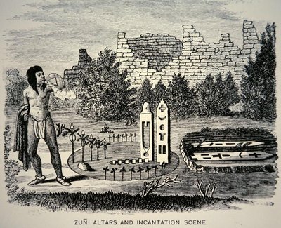 Zuni-Stammesangehöriger bläst Pollen über ein Pueblo-Heiligtum von School American