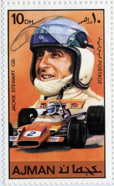 VAE-Briefmarke, die den schottischen Rennfahrer Jackie Stewart (geb. 1939) darstellt von School Arabic