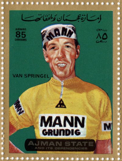 Briefmarke der VAE, die den Radfahrer Herman Van Springel darstellt (geb. 1943) von School Arabic