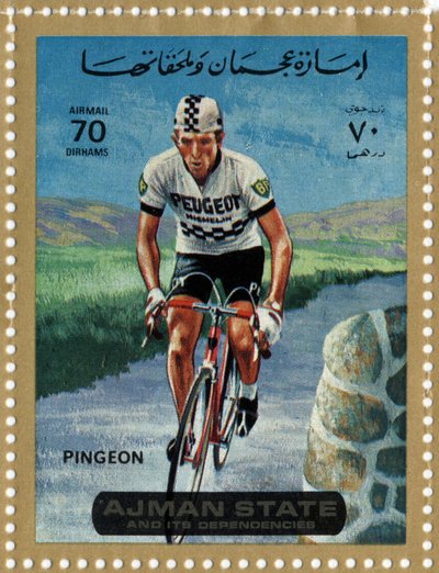 VAE-Briefmarke, die den Radfahrer Roger Pingeon (geb. 1940) darstellt von School Arabic
