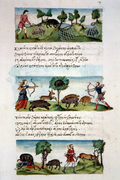 Byzantinische Kunst: Wildschweinjagd. Verschiedene Jagdtechniken. Oben: Fang von Rüben in Netzen. In der Mitte Jagdspiel für einen Bogen. Unten: Jäger greifen Tiere an. Miniatur in 