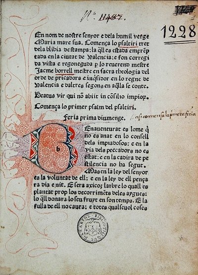 Psalter von Boniface Ferrer, korrigiert von Jaime Borrell, gedruckt von Nicolaus Spindeler in Barcelona im Jahr 1480 von School Catalan