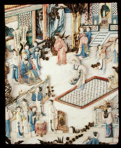 Detail eines Panels, das einen Würdenträger zeigt, der eine Tänzerin beobachtet, Qianlong-Periode von School Chinese