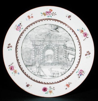 Teller dekoriert in Grisaille mit Famille-Rose-Emaille, darstellend Jacob Bobart (1599-1680) mit einer Ziege und einem Hund, Qianlong-Periode (1736-95) von School Chinese