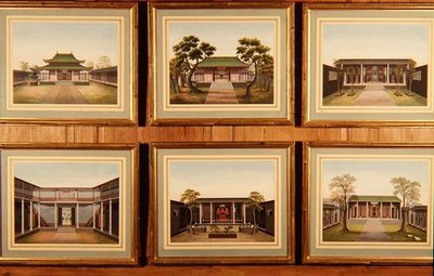 Satz von sechs chinesischen Pavillons und Hofszenen, ca. 1780 von School Chinese