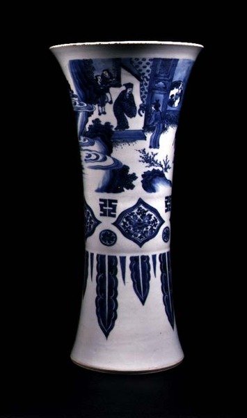 Vase mit drei Registern, Darstellung einer Landschaft, Rautenpaneele und absteigende Lappen von School Chinese
