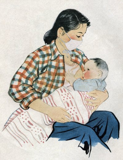 Junge Mutter stillt ihr Baby. Illustration in „Comment mieux nourrir nos enfants“, Edition Le Journal de la Santé, Peking von School Chinese