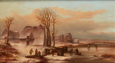 Eine Winterlandschaft mit Figuren auf einem zugefrorenen See von School Dutch