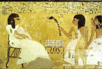 Altes Ägypten, Grab von Inherkhau, Theben, Inherkhau vor seinen Söhnen, die die Pflichten eines Priesters erfüllen, trägt ein Leopardenfell, Wandmalerei, Tal der Adligen, 20. Dynastie von School Egyptian
