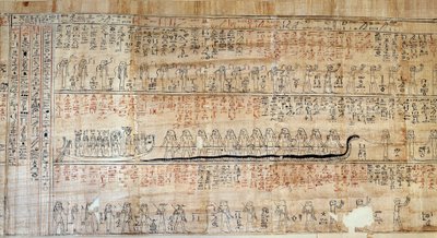 Ägyptische Antike: Papyrus aus dem Buch der geheimen Häuser. Dieses Buch ist eine kommentierte Darstellung der unterirdischen Reise der Sonne während der zwölf Stunden der Nacht. Zuerst an den Wänden der königlichen Gräber gezeichnet, wurde es dann auf Pap von School Egyptian