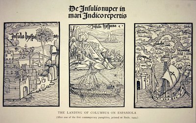 Die Landung von Kolumbus auf Hispaniola, nach einem zeitgenössischen Pamphlet, veröffentlicht in Basel im Jahr 1494 von School English