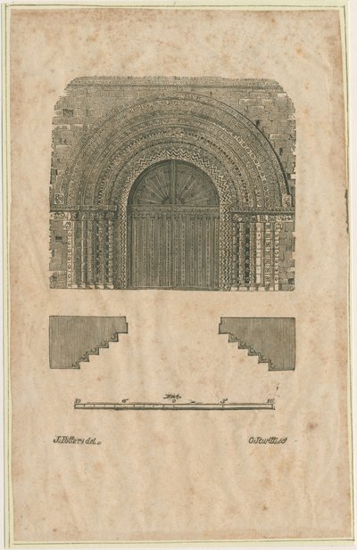Tutbury Priory Kirche - Westportal: Holzschnittgravur, frühes 19. Jahrhundert von School English