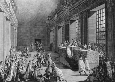 Tage des 18. und 19. Nebels An VIII (9. und 10. November 1799): Bonapartes Staatsstreich in der Kammer des Rates der Fünfhundert, der das Direktorium stürzte, die Macht übernahm und zum Ersten Konsul ernannt wurde. Paris, Bibliothek des Instituts von School French
