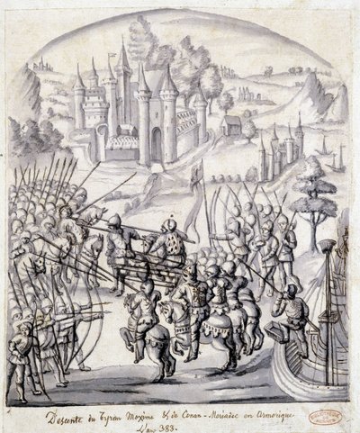 Abstieg des Tyrannen Maxime von Conan-Meriadec in Armorica im Jahr 383 von School French