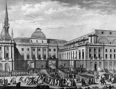 Französische Revolution: Pariser Rathaus, Parlament im November 1790 auf der Île de la Cité unter dem Vorsitz von Jean Baptiste Gaspard Bochart de Saron. Paris, Bibliothek des Instituts für Revolutionsgeschichte von School French