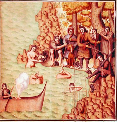 Indianer aus der Magellanstraße mit französischen Entdeckern, Illustration aus dem 